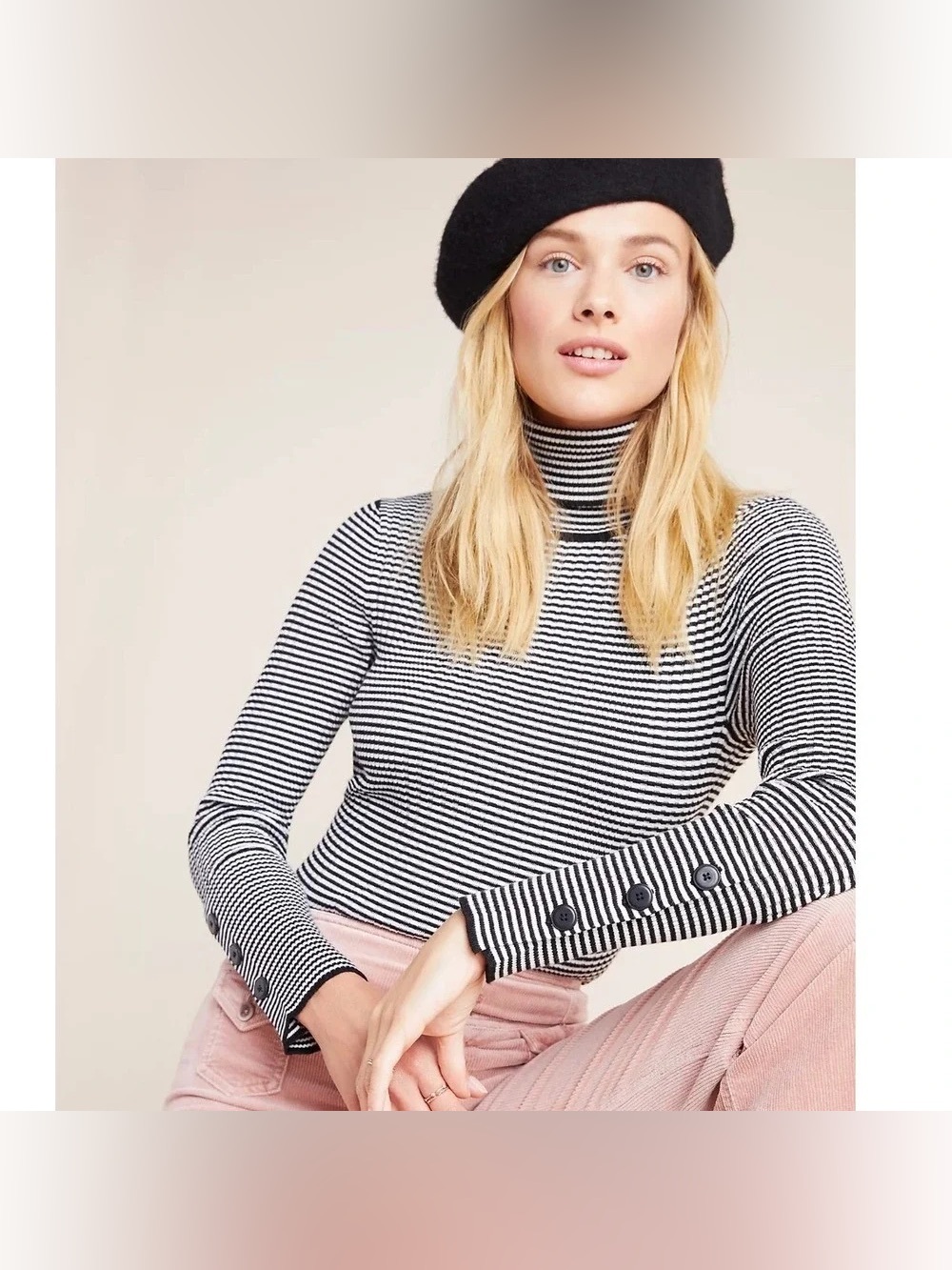 Anthropologie Turtleneck knit sweater Black White Stripes Button sleeve small